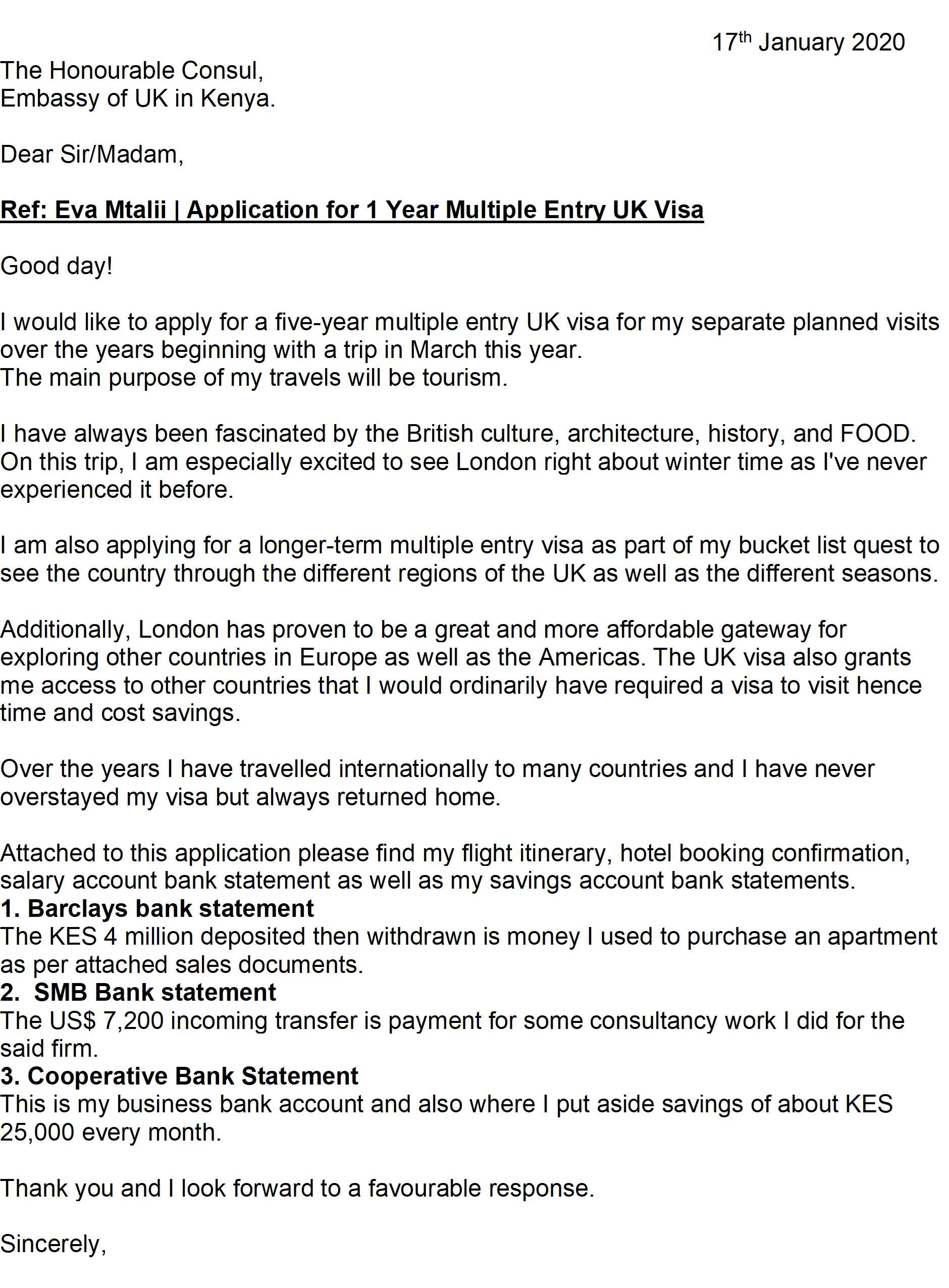 visa application letter